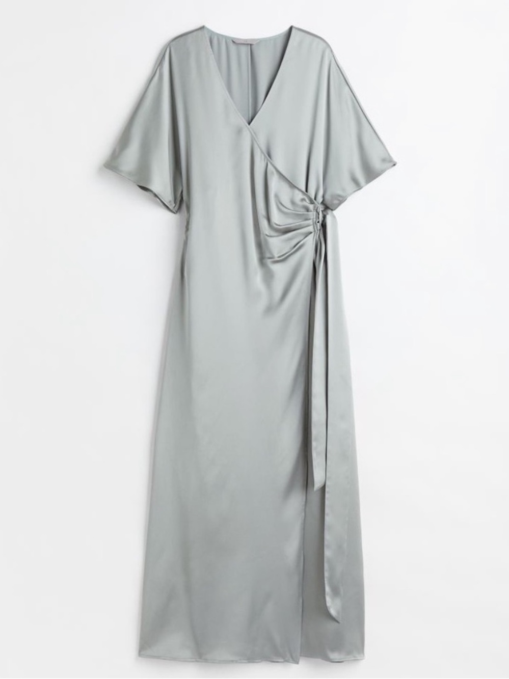 NWT H&M Sage Green Satin Wrap Dress with Self-Tie Waist flutter sleeves Sz XS